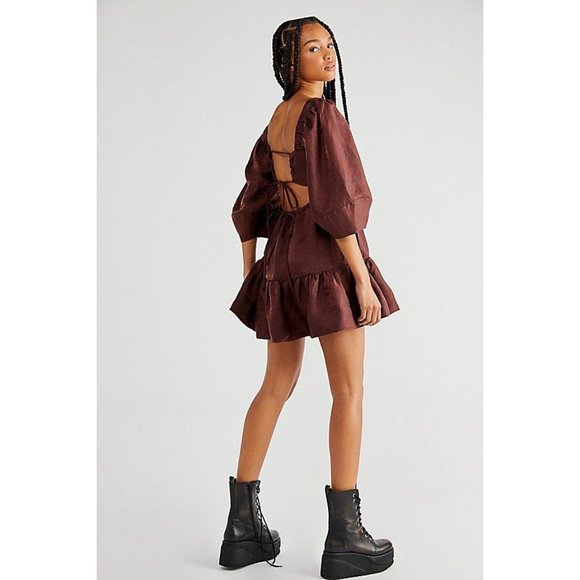 NWT Shona Joy Marlene Linen Open Back Mini Dress in Chocolate - Picture 3 of 9